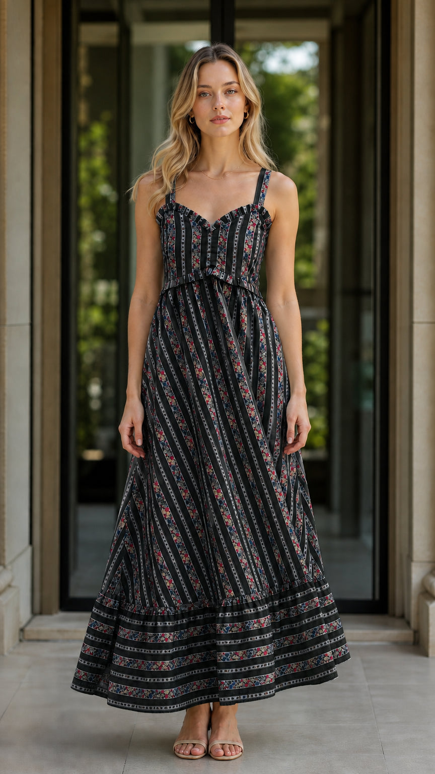 Front view of black floral striped maxi dress variant