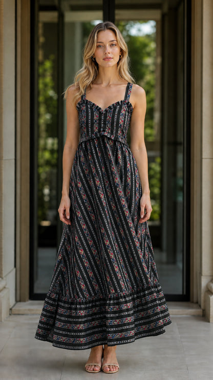 Front view of black floral striped maxi dress variant