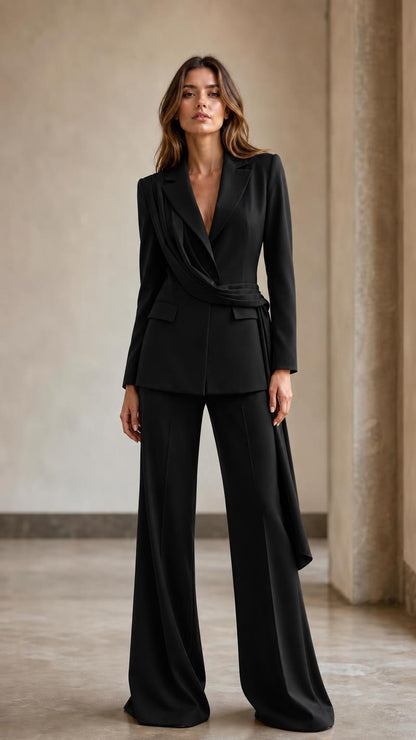Front view of woman wearing black draped blazer and wide-leg pants suit