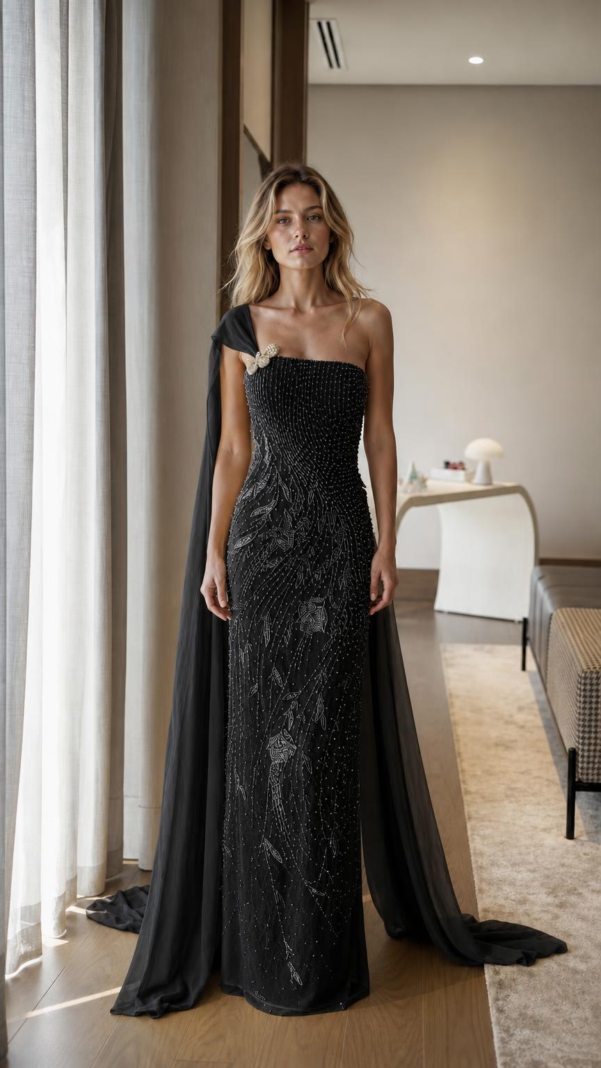 Front view of black one-shoulder beaded evening gown