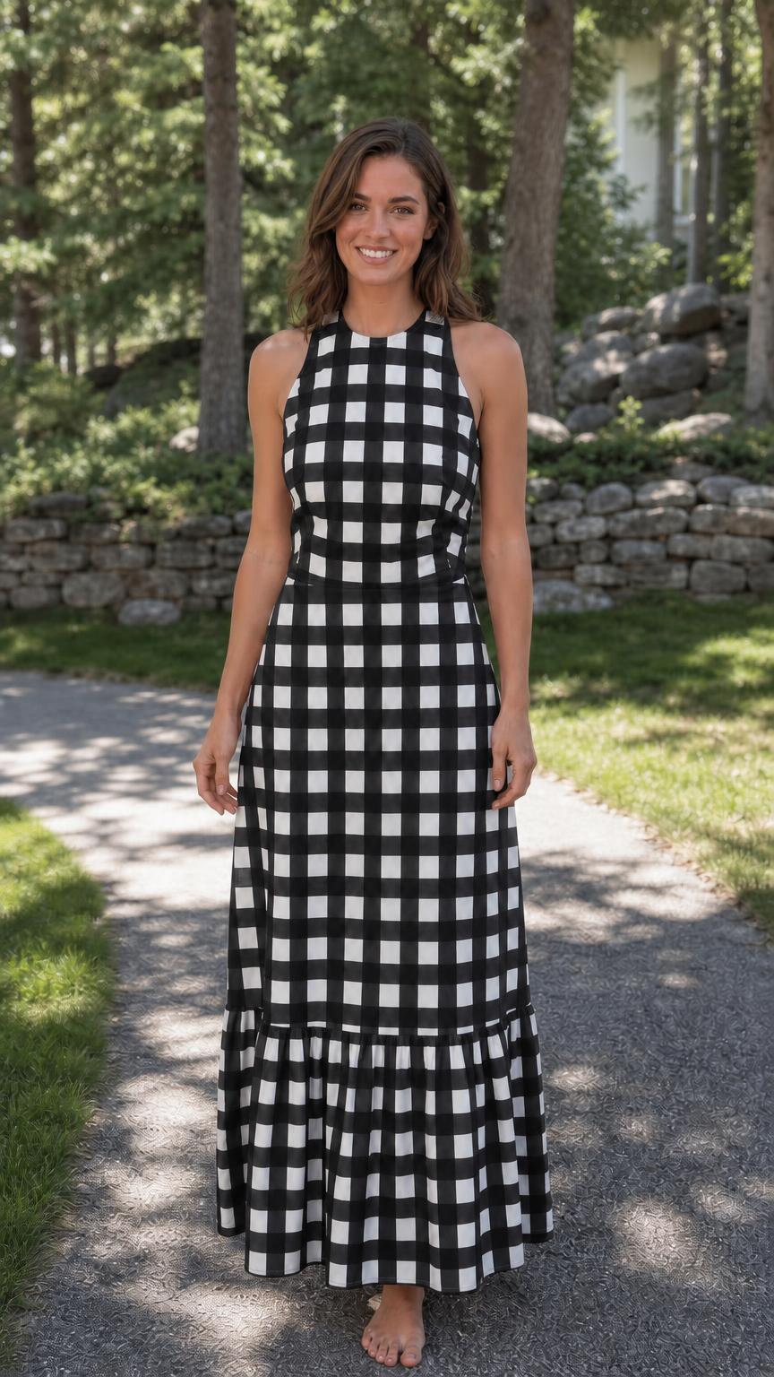 Front view of woman wearing black gingham maxi dress