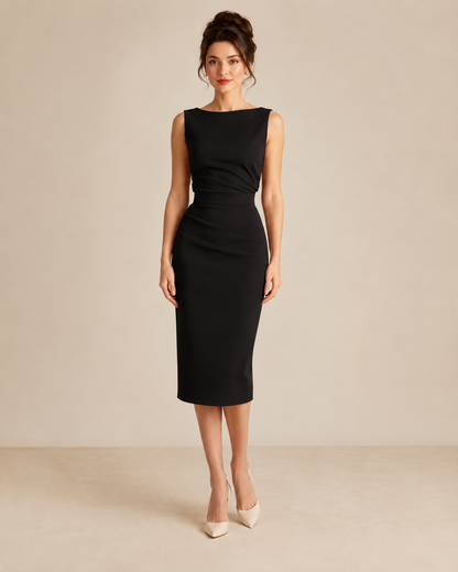 Front view of black sleeveless ruched waist midi sheath dress