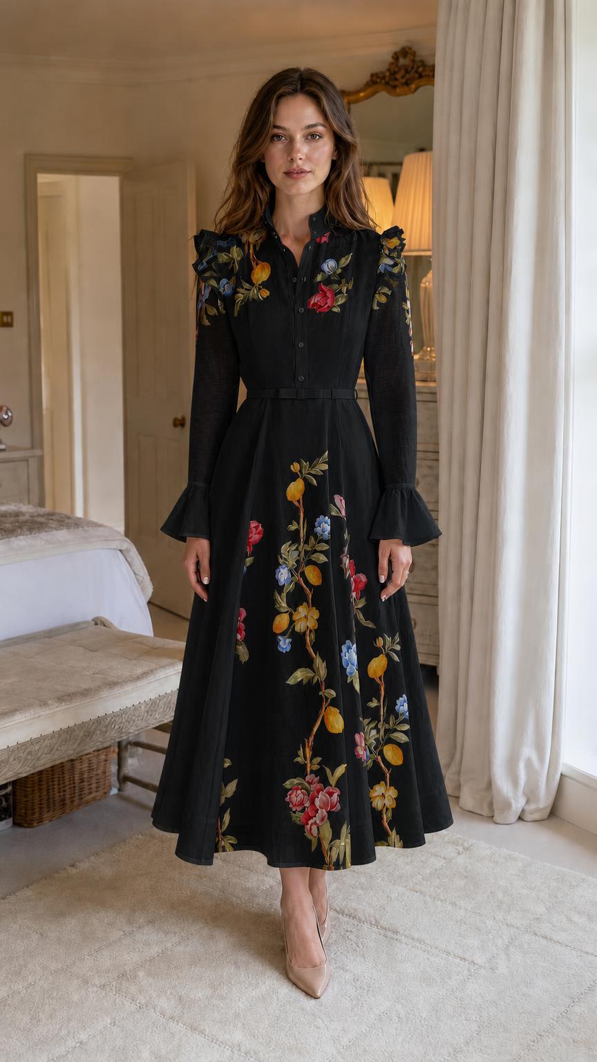 Front view of woman wearing black botanical embroidered midi dress