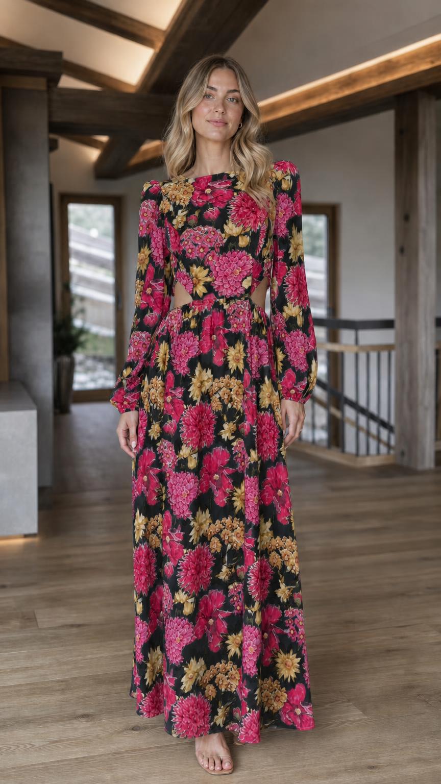 Front view of black floral print long sleeve cutout maxi dress