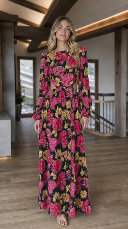 Front view of black floral print long sleeve cutout maxi dress