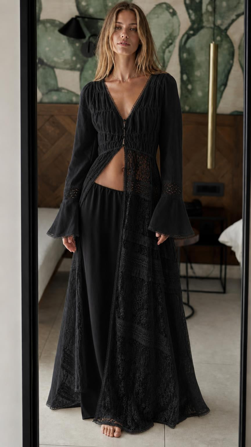 Model wearing black bohemian lace two-piece set
