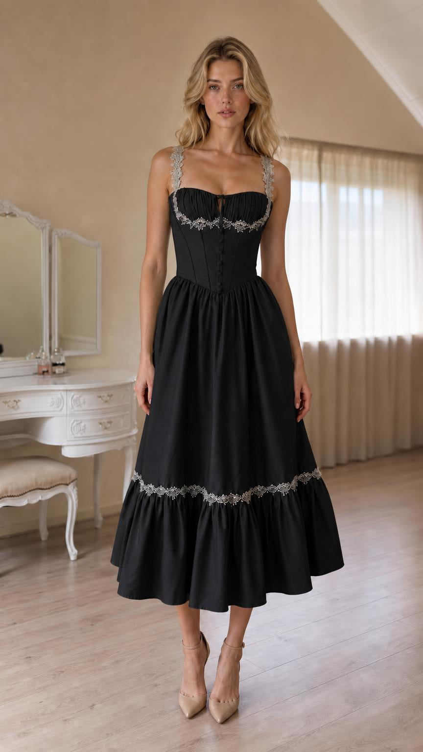 Front view of Black corset style midi dress