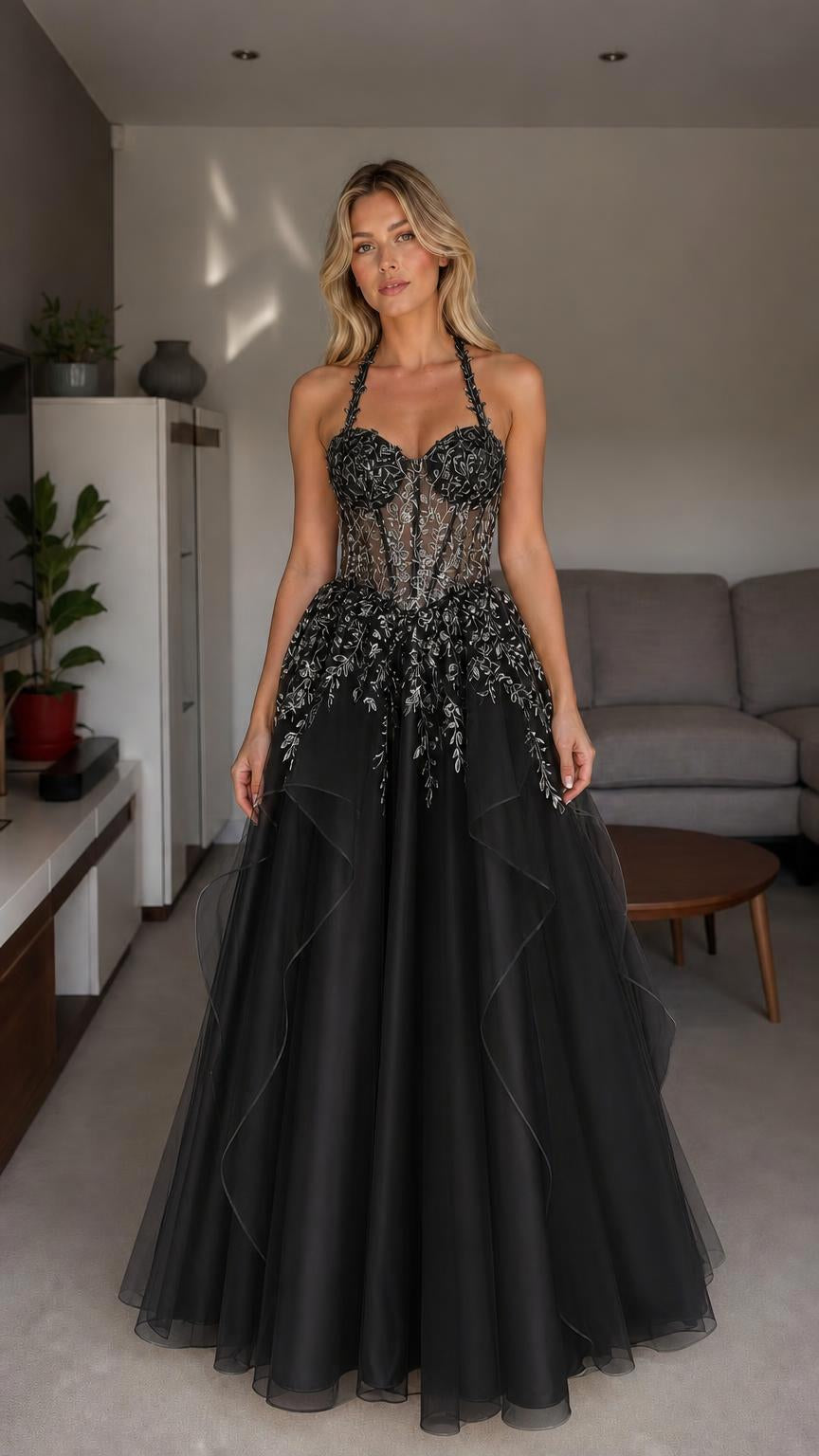 Front view of black halter embroidered tulle ball gown