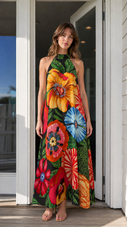 Vibrant floral halter neck maxi dress in black