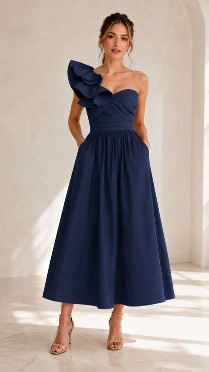 Front view of navy one-shoulder ruffle midi dress with pockets