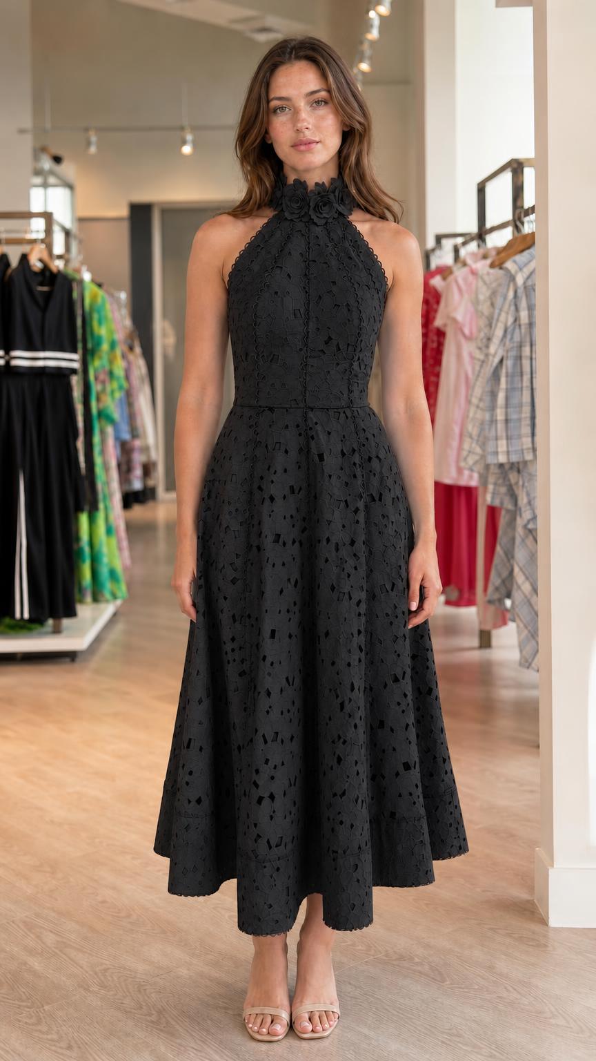 Front view of black halter midi dress