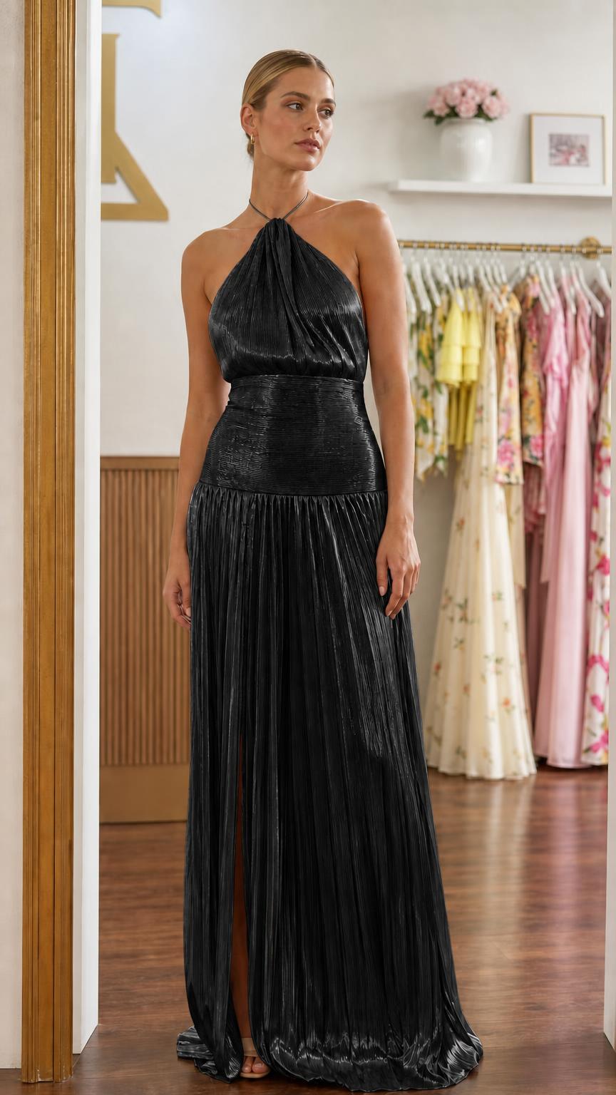 Front view of black metallic pleated halter maxi dress