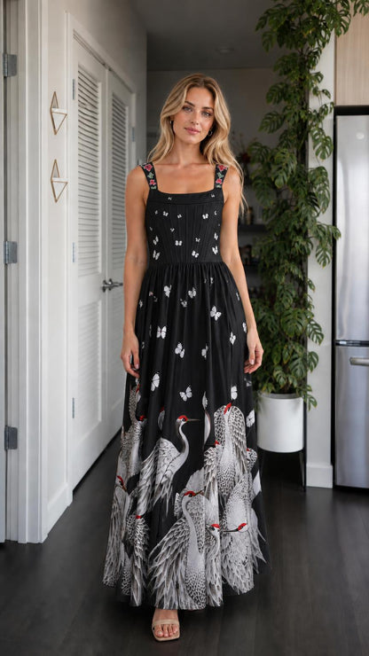 Model wearing black color variant of crane maxi dress
