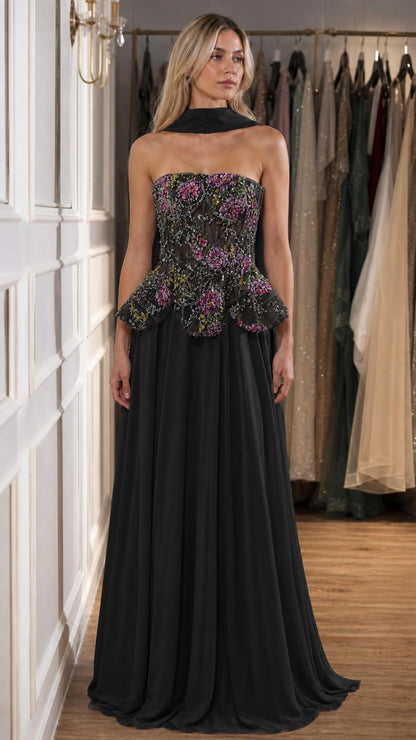Black color variant of the strapless floral peplum gown