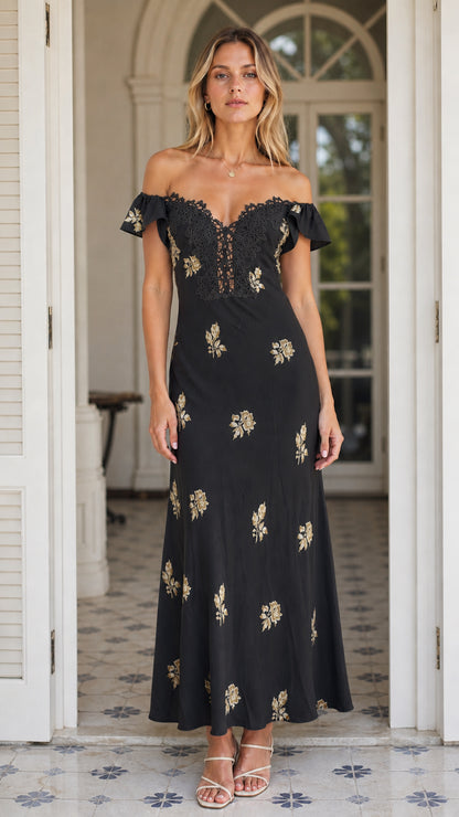 Front view of Black floral lace trim maxi dress