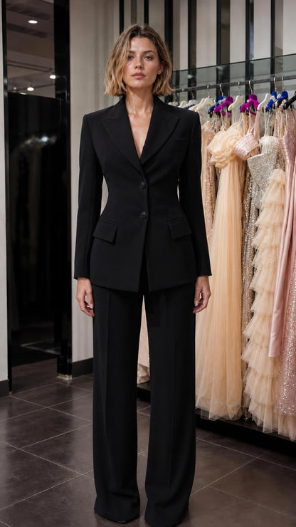 Front view of woman wearing black tailored suit set
