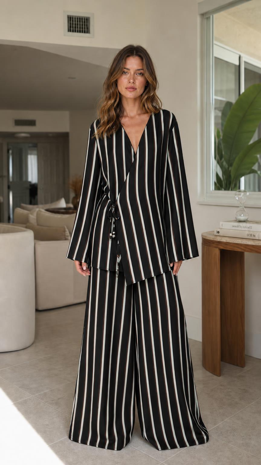 Model wearing black striped two-piece set