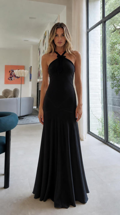 Front view of Black halter neck maxi dress
