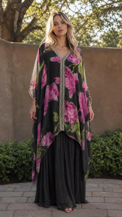 Model wearing black floral print maxi kaftan dress