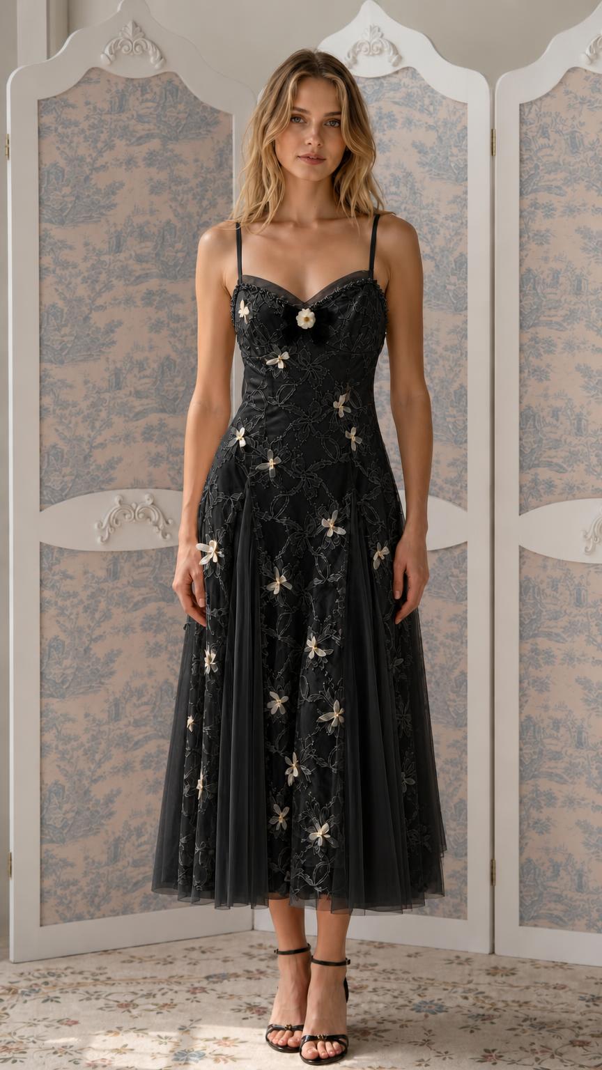 Front view of Black floral embroidered tulle midi dress