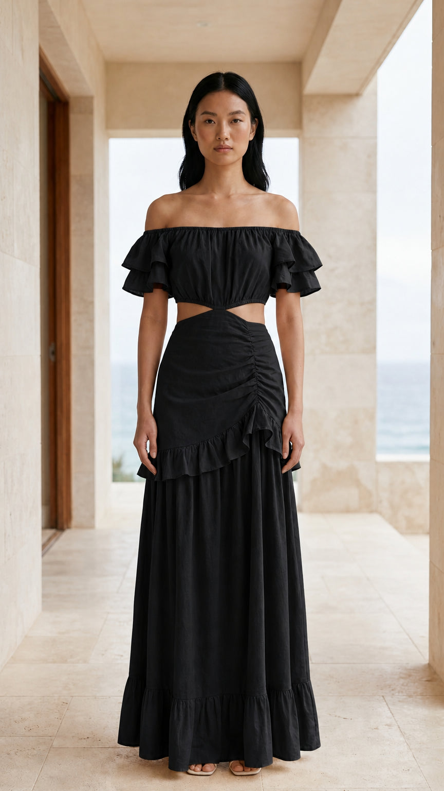 Front view of black off-shoulder cutout maxi dress