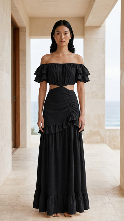 Front view of black off-shoulder cutout maxi dress
