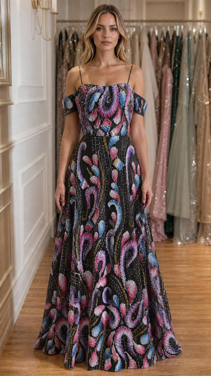 Front view of black embroidered off-shoulder evening gown