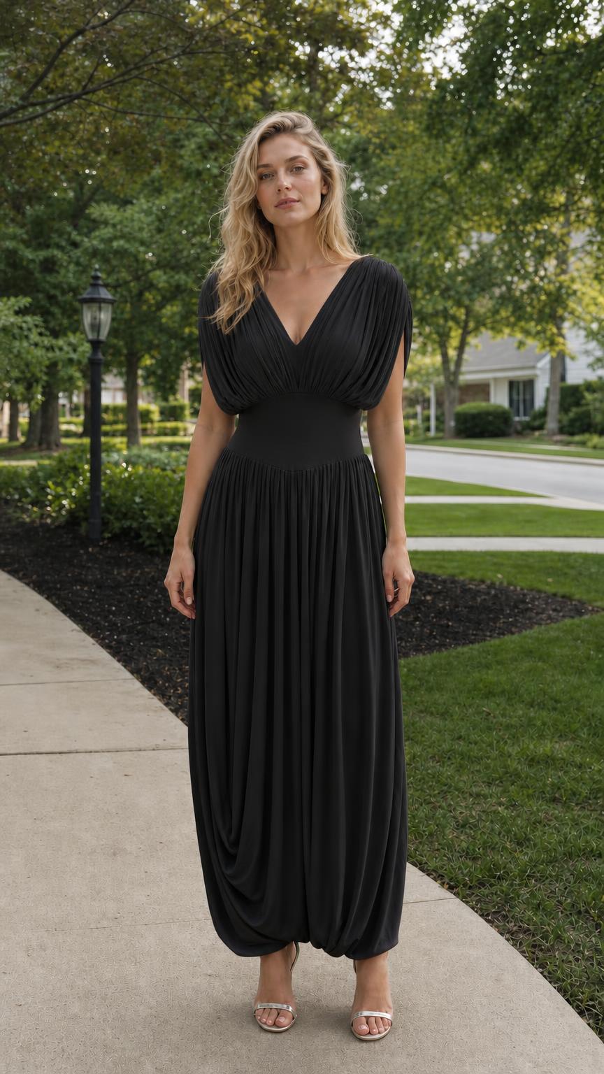 Front view of Black pleated maxi dress