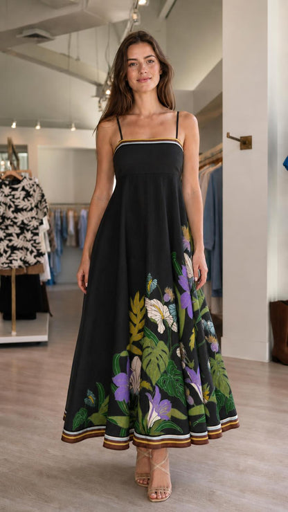 Front view of black floral maxi dress