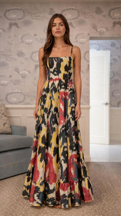 Model wearing black multi abstract printed maxi dress