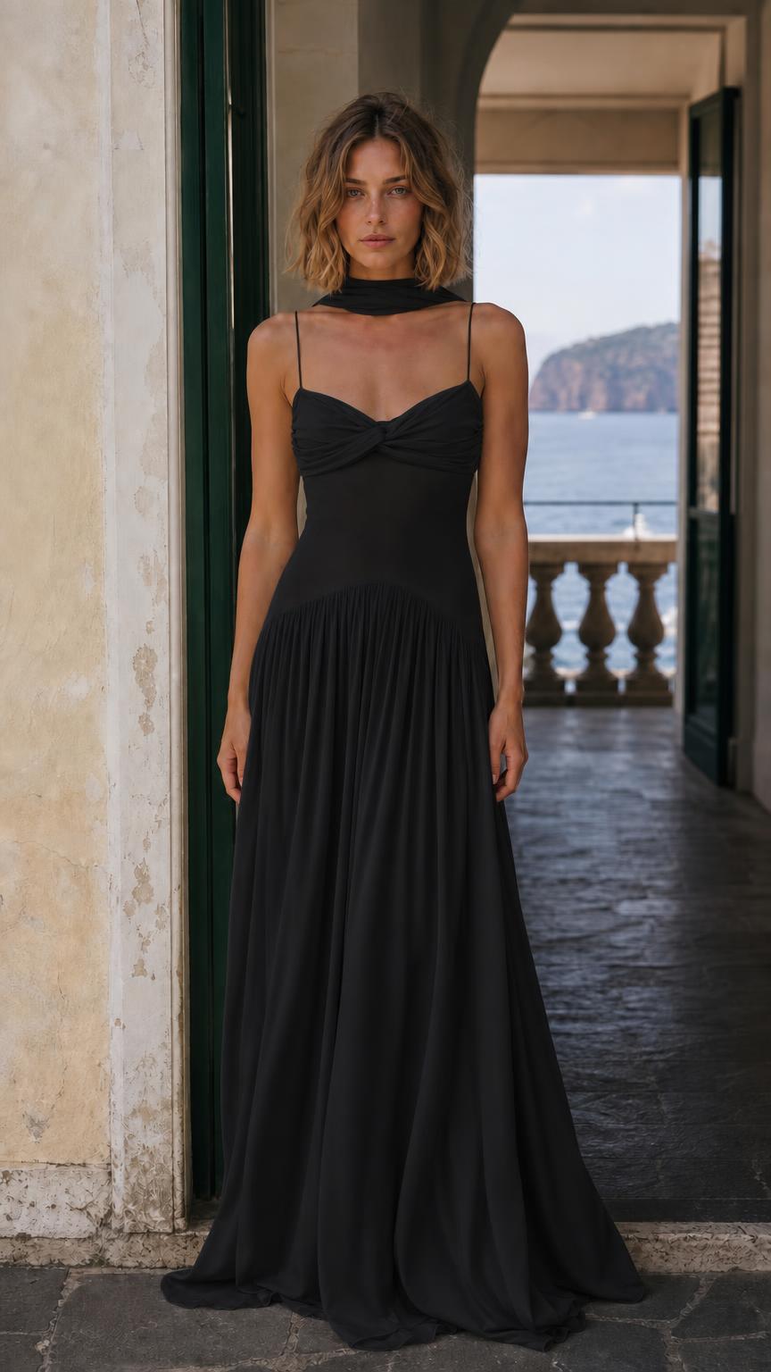 Front view of Black chiffon maxi dress with matching scarf