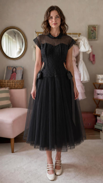 Vintage lace and tulle midi dress in black