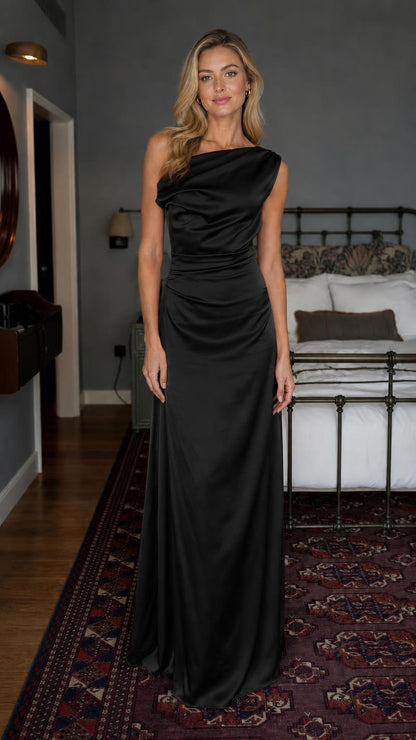 Model wearing black one-shoulder satin maxi dress