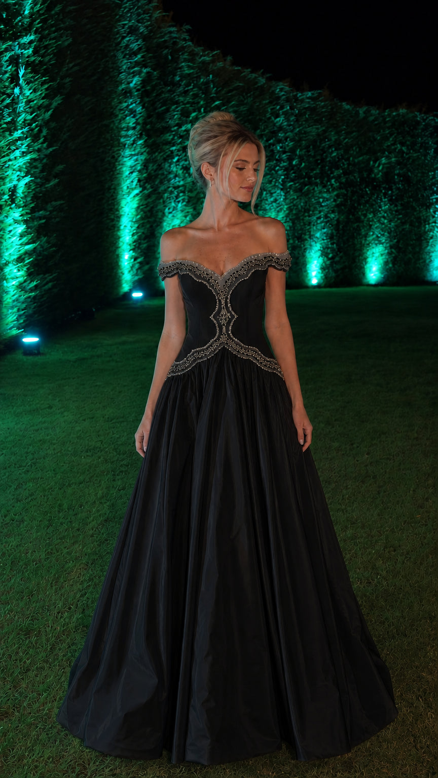 Black variant of the off-shoulder evening ball gown