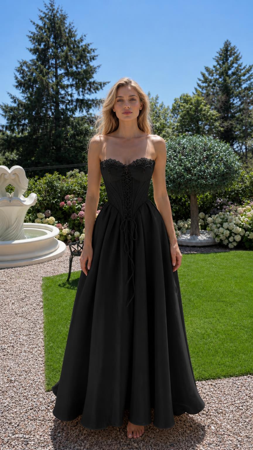 Front view of black corset maxi dress