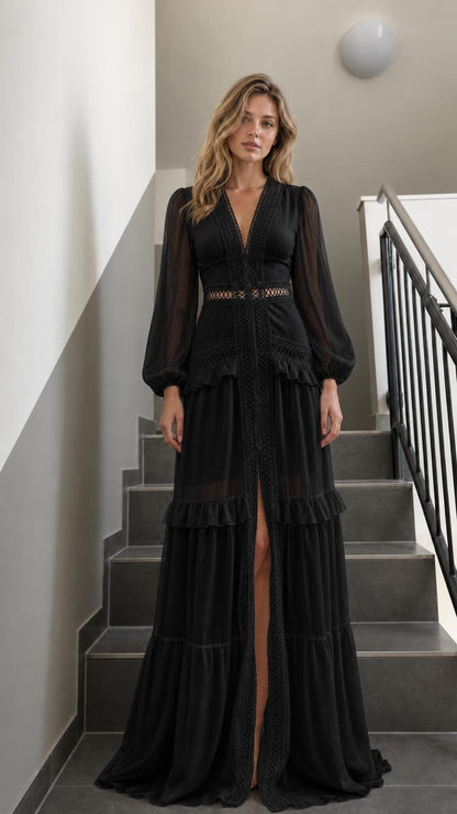 Front view of Black V-Neck Long Sleeve Ruffle Tiered Maxi Dress
