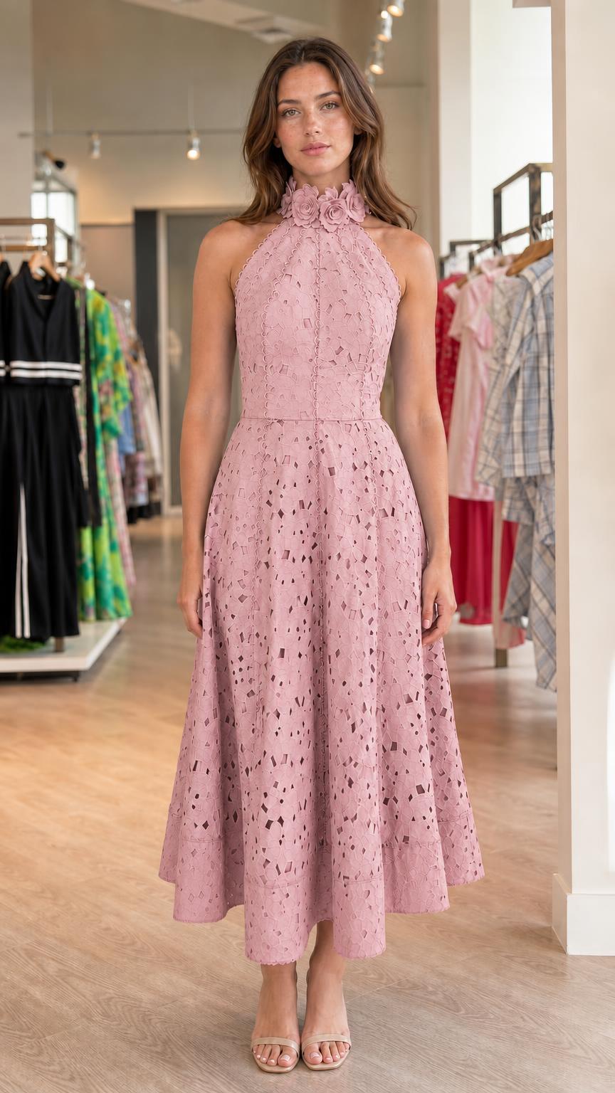 Front view of pink halter midi dress