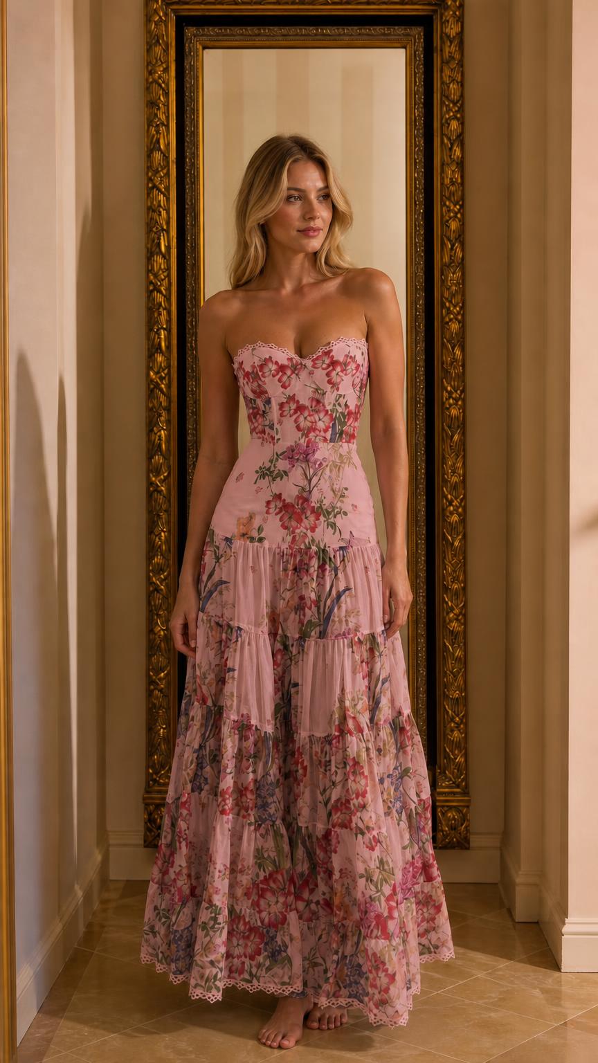 Model wearing pink floral strapless maxi dress