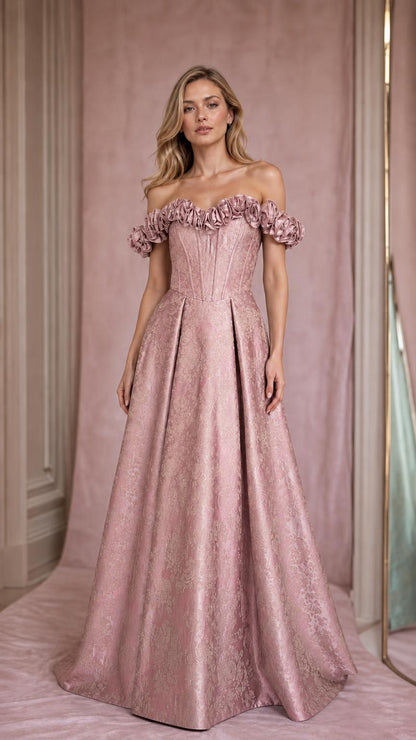 Model wearing dusty rose off-shoulder brocade evening gown
