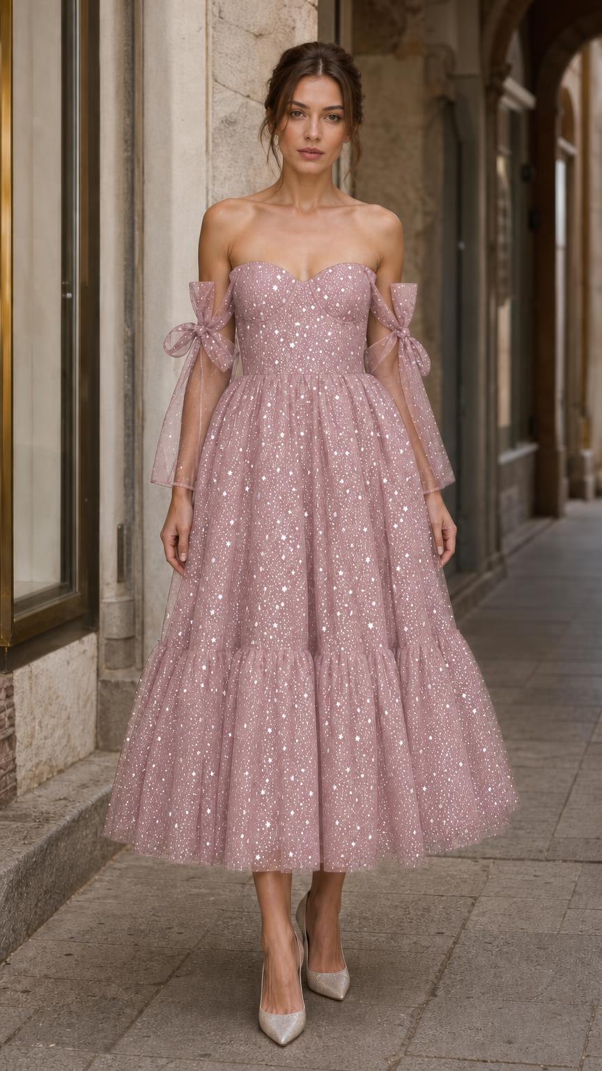 Model wearing dusty rose starlight tulle midi dress
