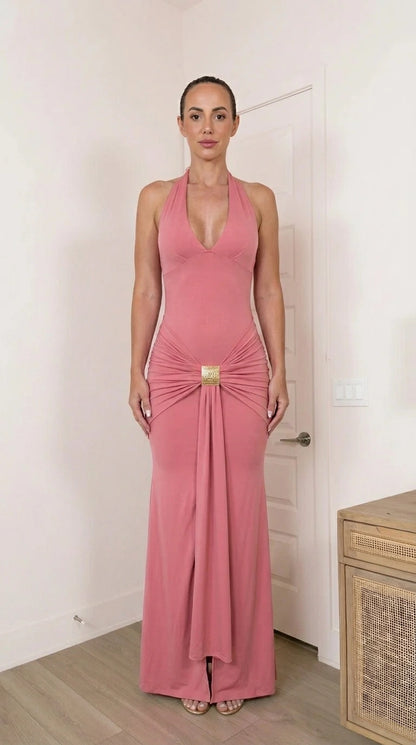 Front view of dusty pink halter neck maxi dress