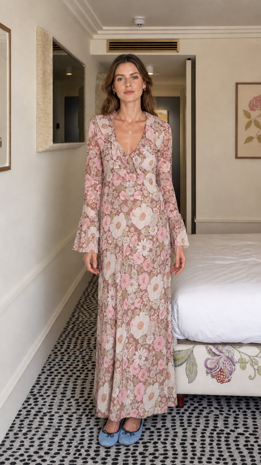 Model wearing pink floral maxi dress variant