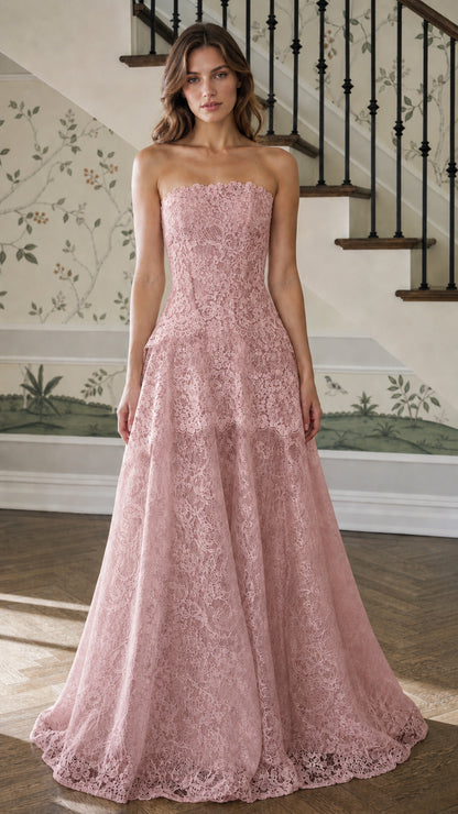Front view of pink strapless lace evening gown