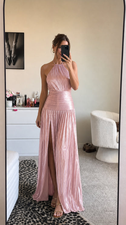 Metallic pink halter pleated maxi dress with high slit