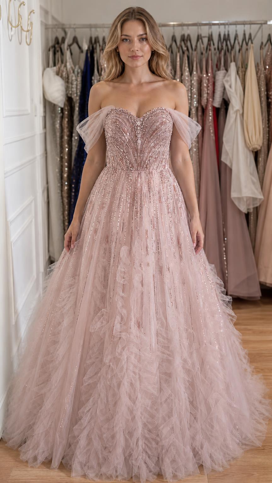 Front view of blush pink off-shoulder embellished tulle ball gown