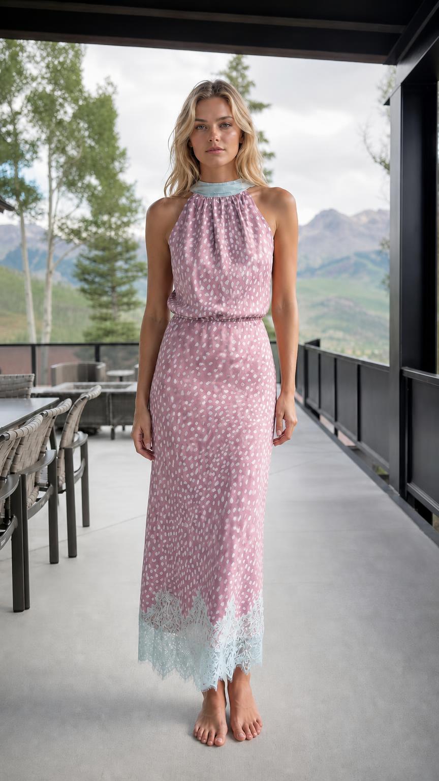Front view of pink printed halter neck maxi dress