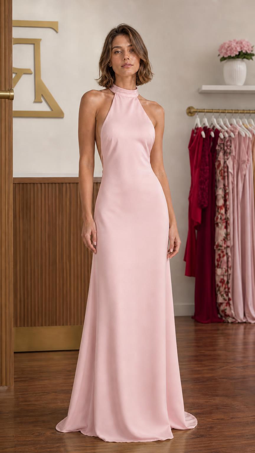 Front view of the pink satin halter maxi dress