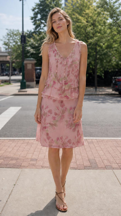 Front view of woman wearing Pink floral tiered dress