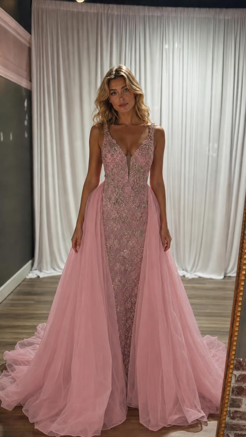 Model wearing soft pink embellished evening dress with matching tulle overskirt