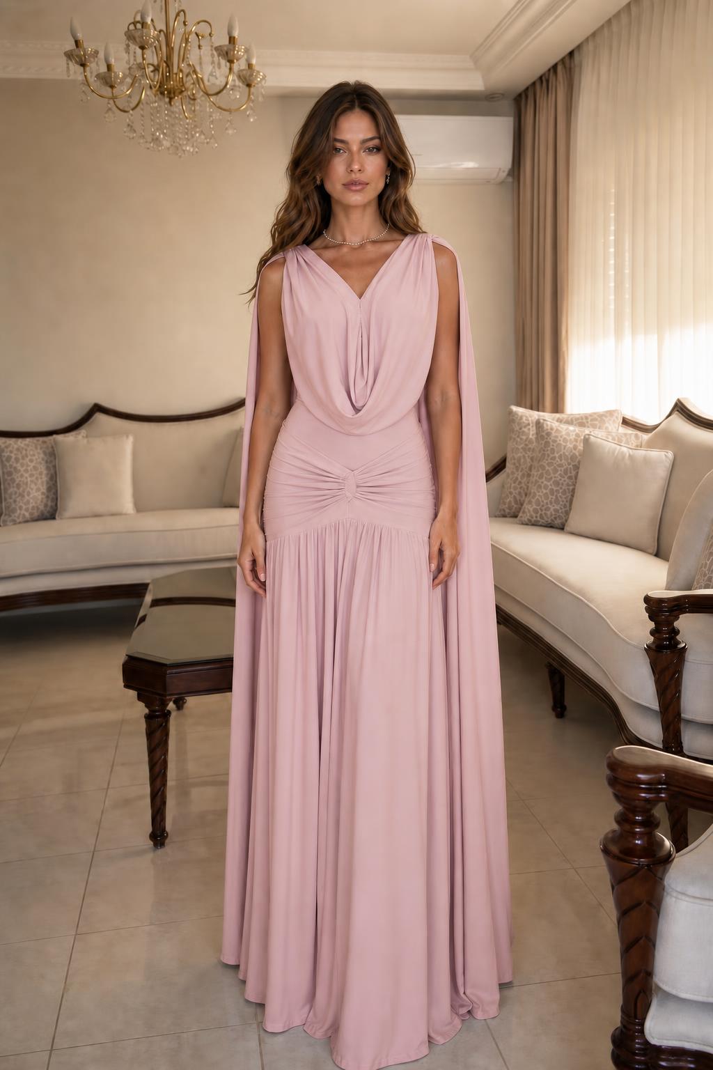 Full-length view of Dusty Pink formal evening gown
